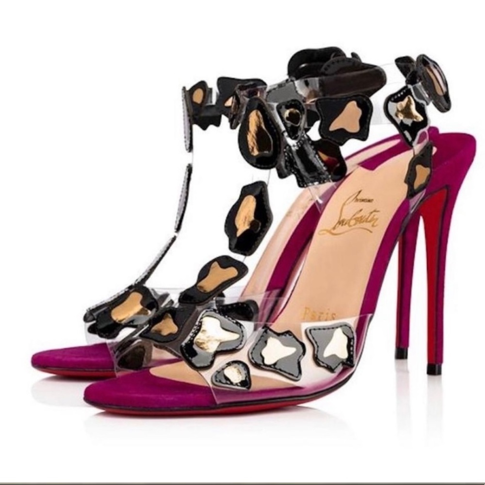 Christian Louboutin Black Parsemis 100 Purple Gold Pvc Patent Peep Sandal.